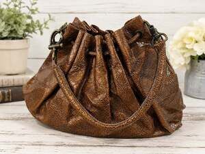 Y2K Vicky Tcherassi Brown Crinkle Patent Leather Drawstring Bucket Shoulder Bag